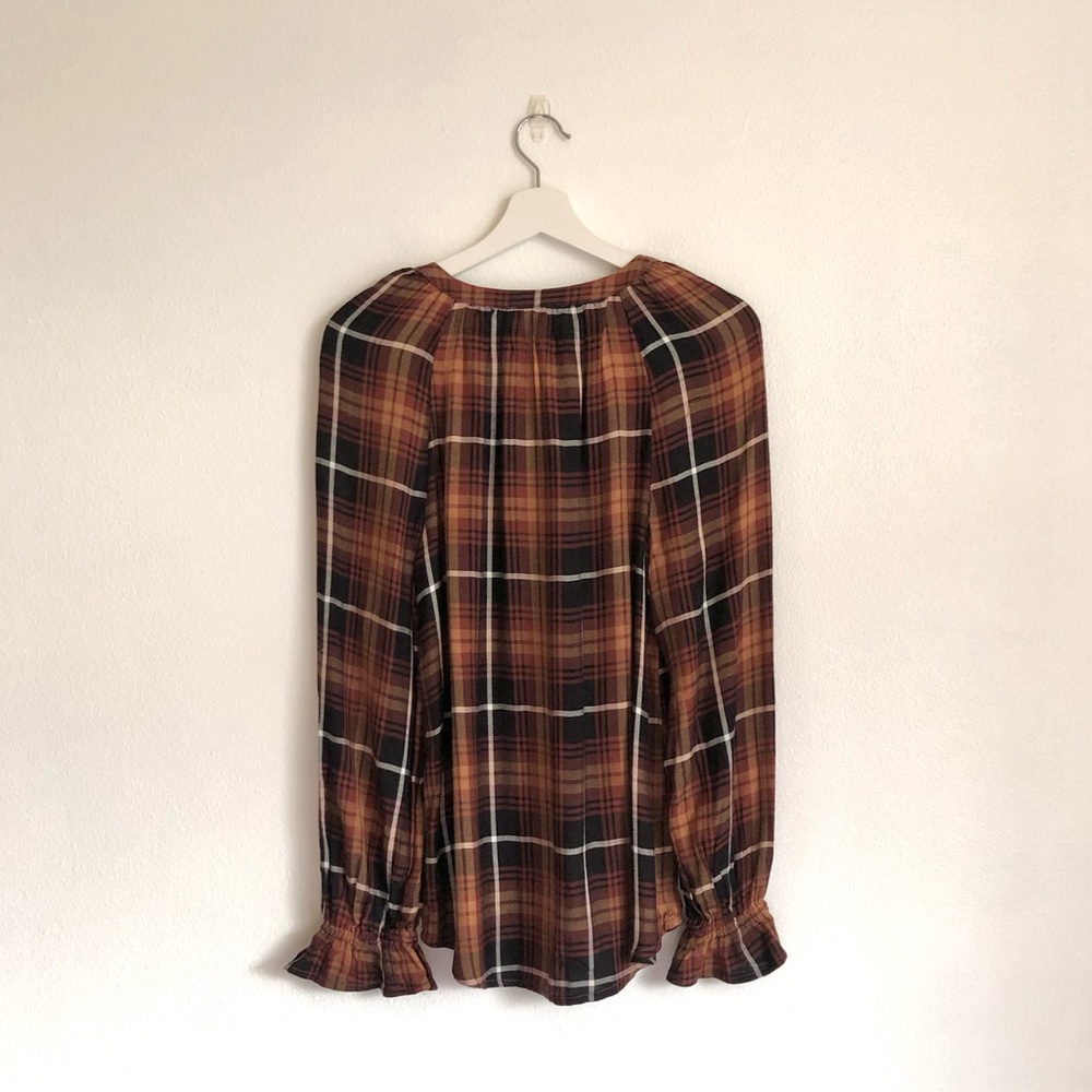 NWT beachlunchlounge Brown / Black Plaid Ruffle Cuff Top Size XS - Picture 6 of 9